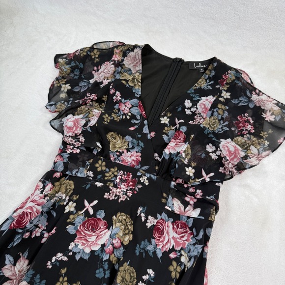 Lulus Dresses & Skirts - Lulus Black Floral Chiffon Midi Dress Surplice Flutter Sleeve Pink Rose Womens M